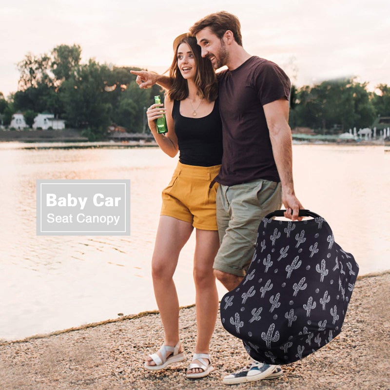 Metplus Baby Car Seat Cover, Infant Carseat Canopy, Nursing Breastfeeding Cover, Stretchy Carrier Covers for Stroller/Shopping Cart, Newborn Registry & Shower Gift for Boys Girls - Black Cactus - Image 4